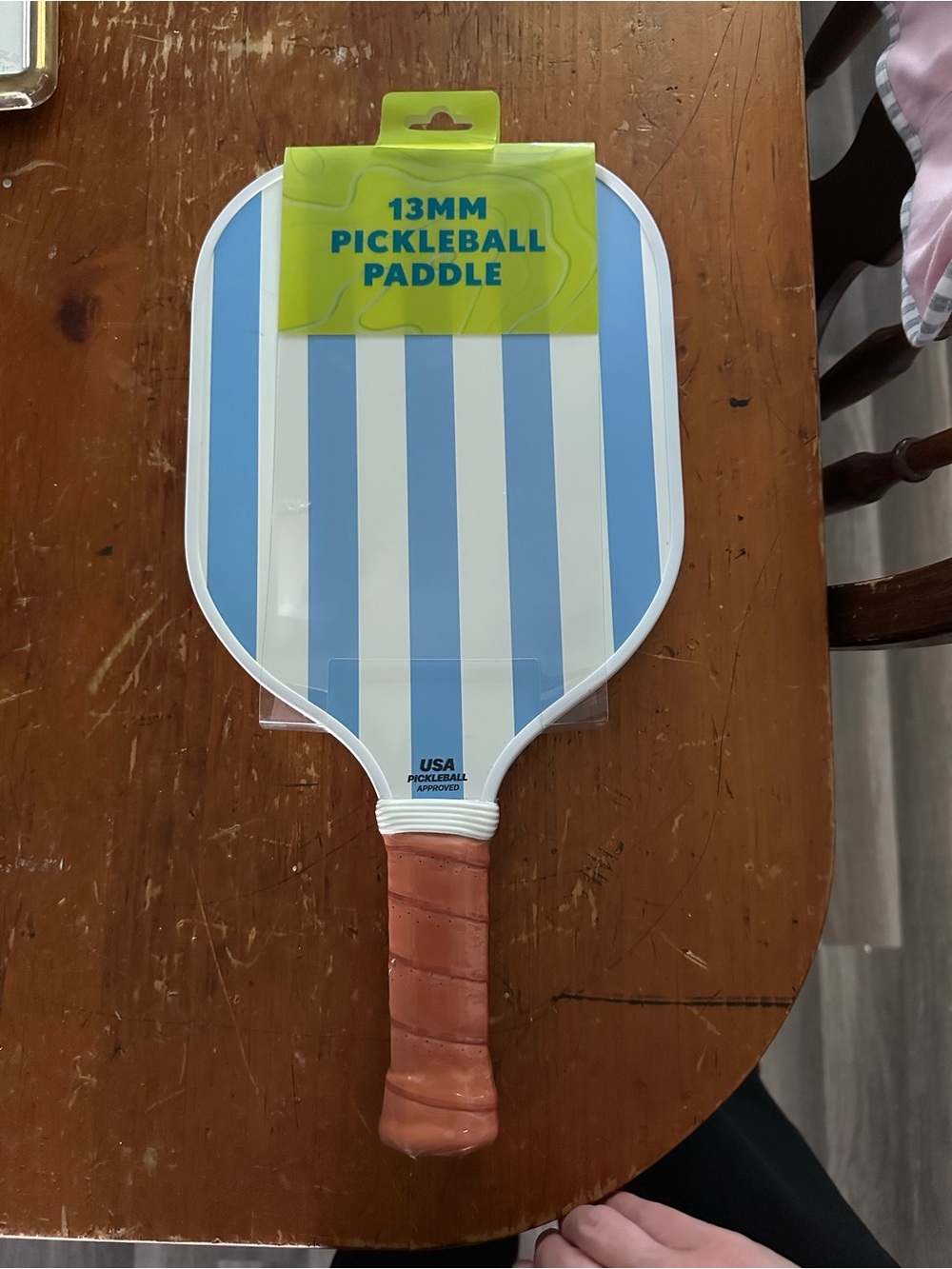 13MM Pickleball Paddle - Blue & White Stripe with Brown Grip